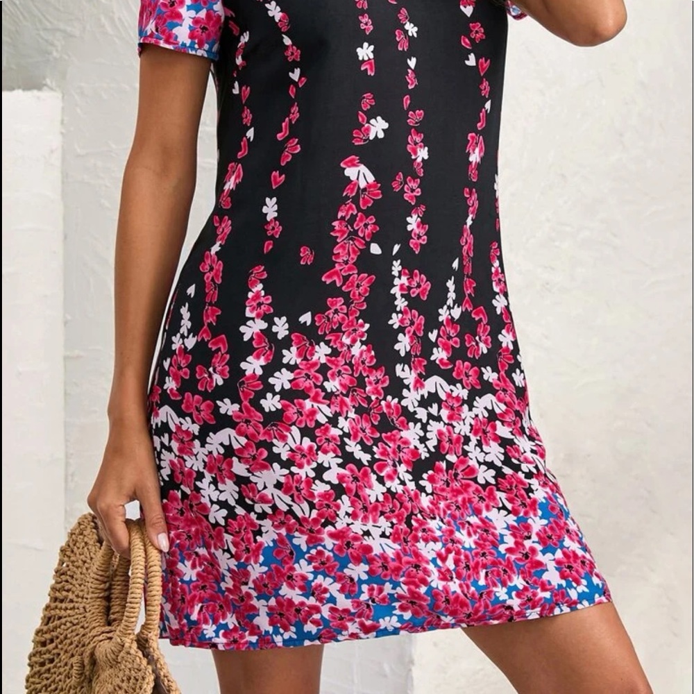 New Boho Floral Print Black Pink White Blue V Neck Short Sleeve Mini Tunic Dress - Picture 8 of 13